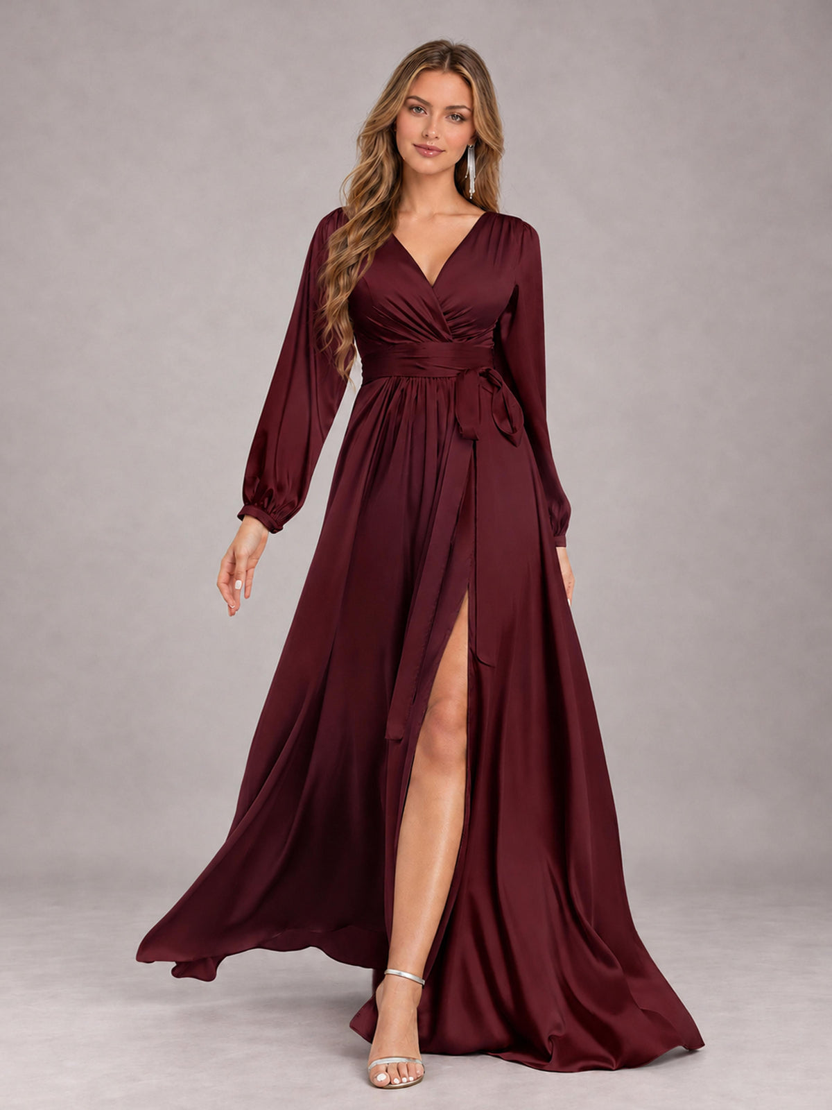 Maroon Gorgeous V-Neck Long Sleeves Pleated Satin Formal Bridesmaid Dresses With Slit