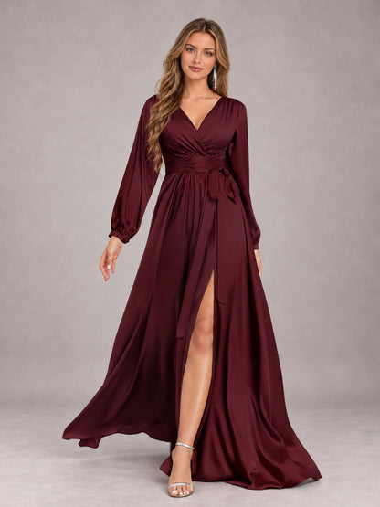 Maroon Gorgeous V-Neck Long Sleeves Pleated Satin Formal Bridesmaid Dresses With Slit