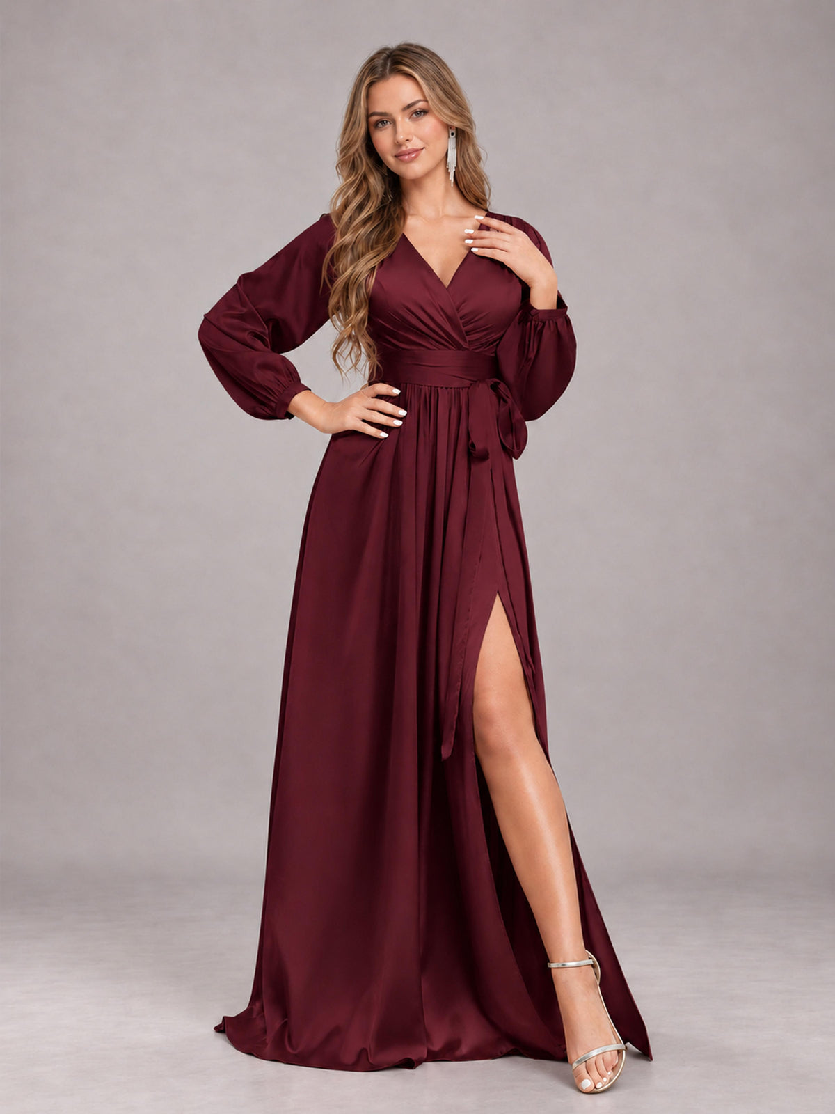Maroon Gorgeous V-Neck Long Sleeves Pleated Satin Formal Bridesmaid Dresses With Slit