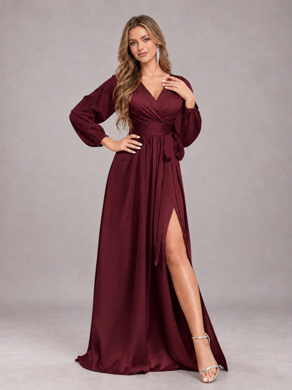 Maroon Gorgeous V-Neck Long Sleeves Pleated Satin Formal Bridesmaid Dresses With Slit