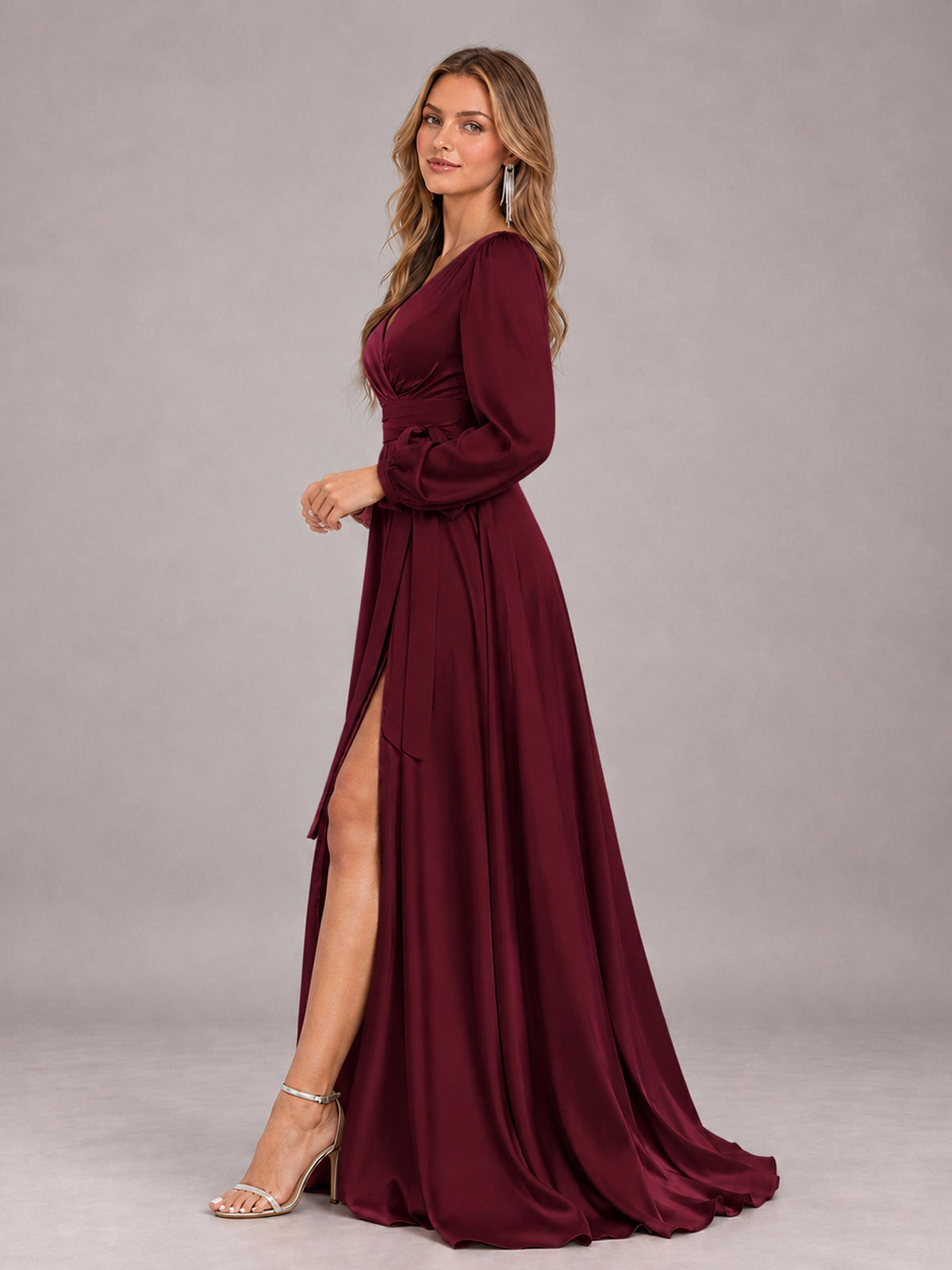 Maroon Gorgeous V-Neck Long Sleeves Pleated Satin Formal Bridesmaid Dresses With Slit