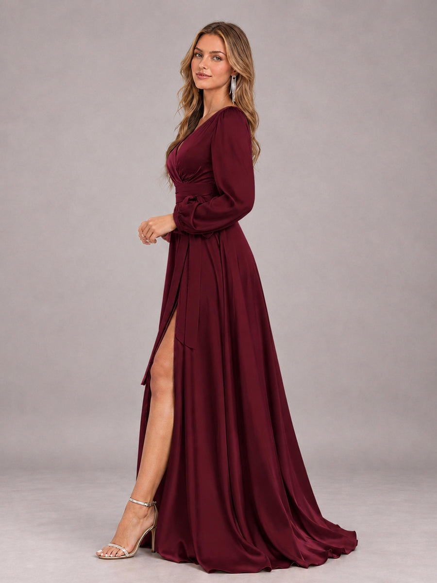 Maroon Gorgeous V-Neck Long Sleeves Pleated Satin Formal Bridesmaid Dresses With Slit