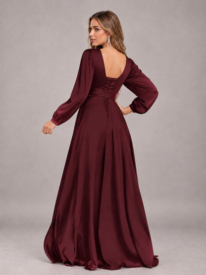 Maroon Gorgeous V-Neck Long Sleeves Pleated Satin Formal Bridesmaid Dresses With Slit