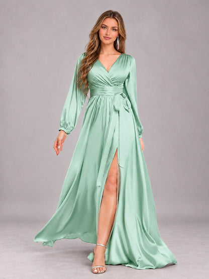 Mint Green Gorgeous V-Neck Long Sleeves Pleated Satin Formal Bridesmaid Dresses With Slit