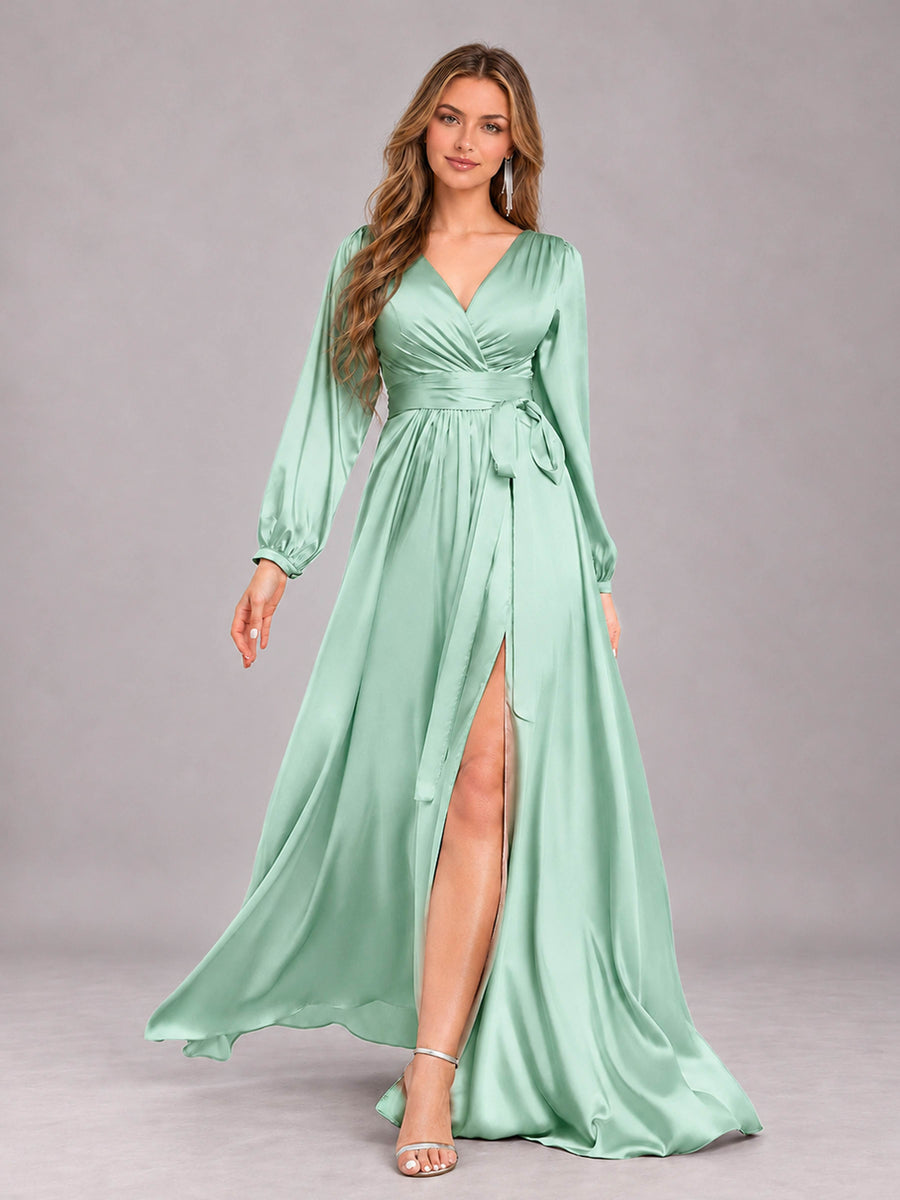 Mint Green Gorgeous V-Neck Long Sleeves Pleated Satin Formal Bridesmaid Dresses With Slit