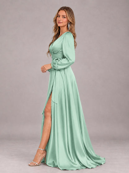 Mint Green Gorgeous V-Neck Long Sleeves Pleated Satin Formal Bridesmaid Dresses With Slit