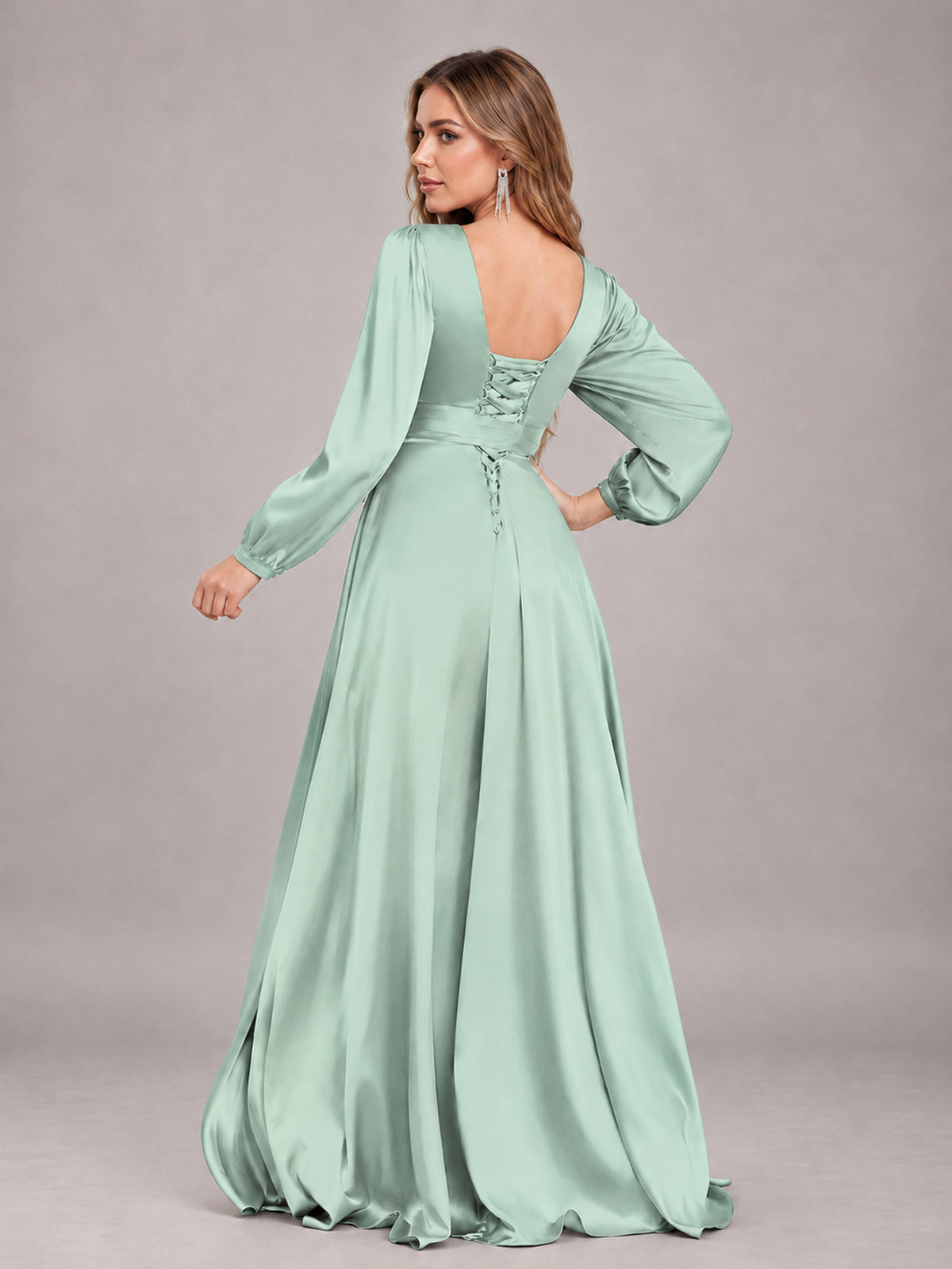 Mint Green Gorgeous V-Neck Long Sleeves Pleated Satin Formal Bridesmaid Dresses With Slit