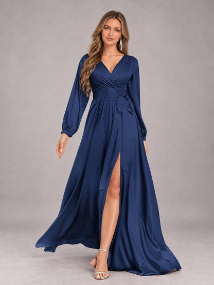 Navy Blue Gorgeous V-Neck Long Sleeves Pleated Satin Formal Bridesmaid Dresses With Slit