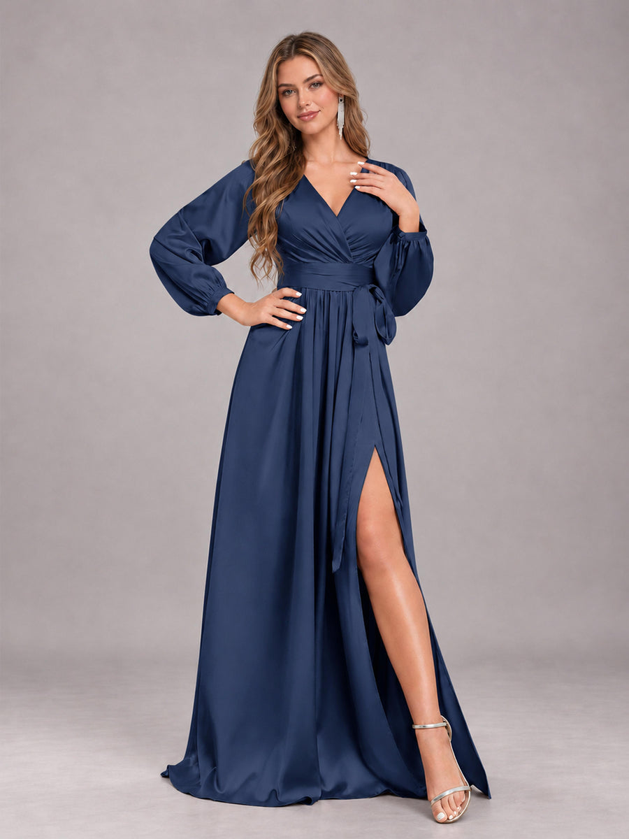 Navy Blue Gorgeous V-Neck Long Sleeves Pleated Satin Formal Bridesmaid Dresses With Slit