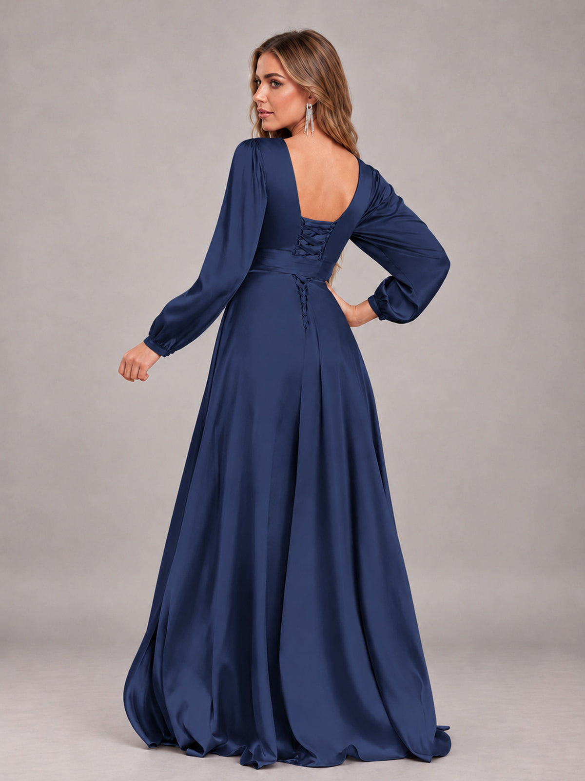 Navy Blue Gorgeous V-Neck Long Sleeves Pleated Satin Formal Bridesmaid Dresses With Slit