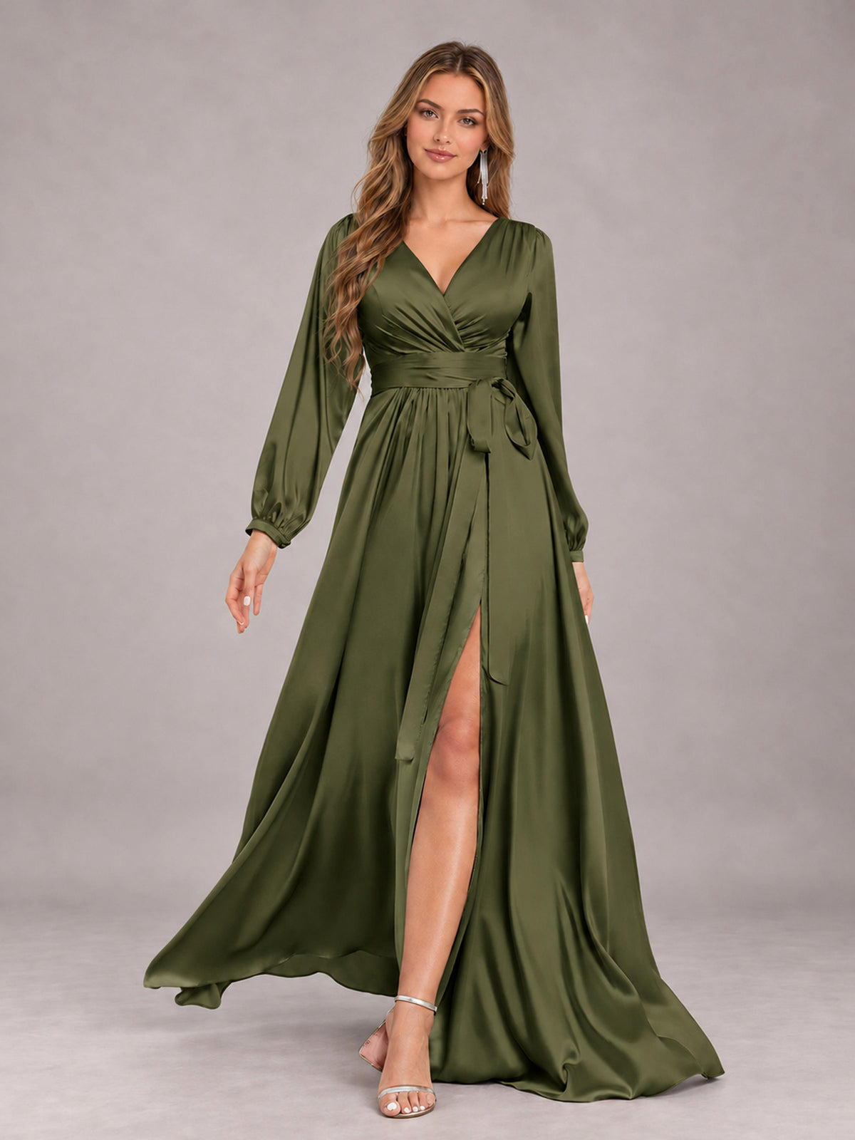 Olive Green Gorgeous V-Neck Long Sleeves Pleated Satin Formal Bridesmaid Dresses With Slit
