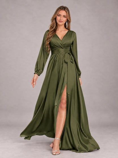Olive Green Gorgeous V-Neck Long Sleeves Pleated Satin Formal Bridesmaid Dresses With Slit