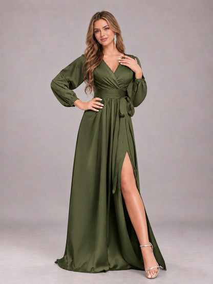 Olive Green Gorgeous V-Neck Long Sleeves Pleated Satin Formal Bridesmaid Dresses With Slit