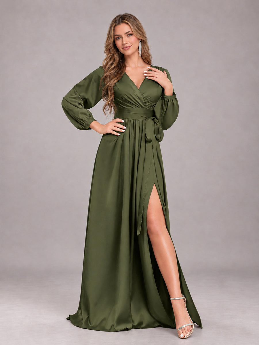 Olive Green Gorgeous V-Neck Long Sleeves Pleated Satin Formal Bridesmaid Dresses With Slit