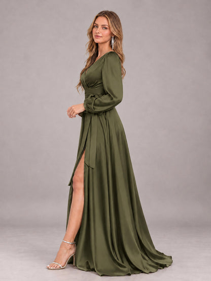 Olive Green Gorgeous V-Neck Long Sleeves Pleated Satin Formal Bridesmaid Dresses With Slit