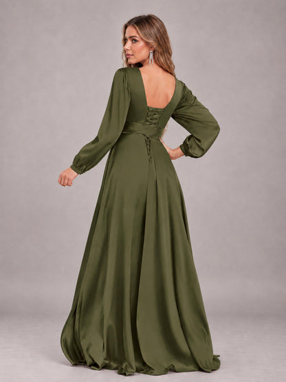 Olive Green Gorgeous V-Neck Long Sleeves Pleated Satin Formal Bridesmaid Dresses With Slit