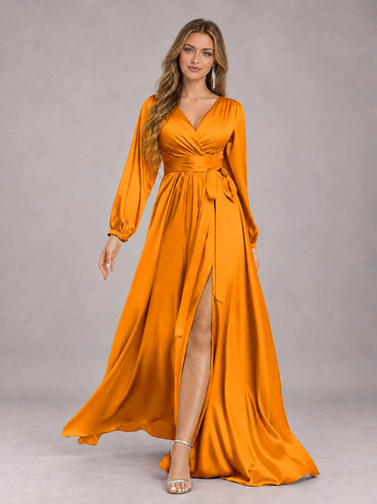 Orange Gorgeous V-Neck Long Sleeves Pleated Satin Formal Bridesmaid Dresses With Slit