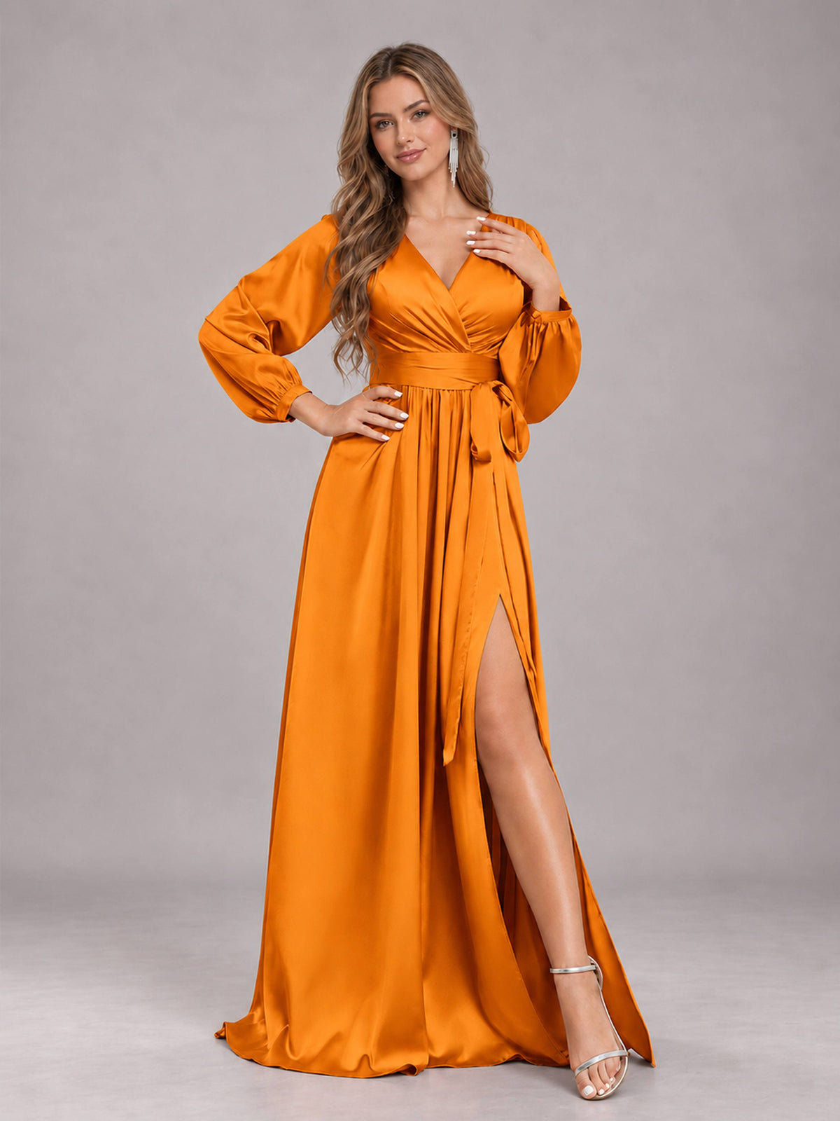 Orange Gorgeous V-Neck Long Sleeves Pleated Satin Formal Bridesmaid Dresses With Slit