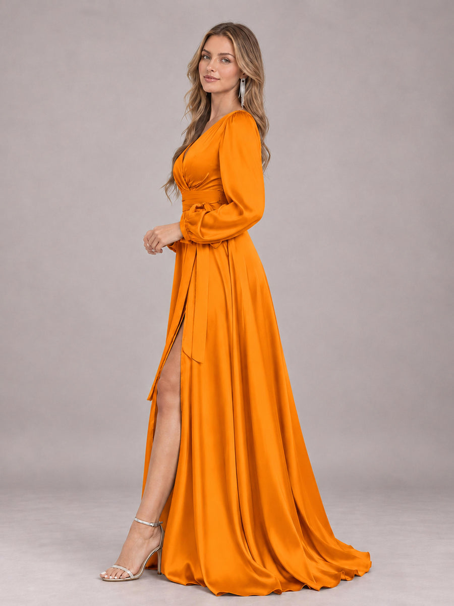 Orange Gorgeous V-Neck Long Sleeves Pleated Satin Formal Bridesmaid Dresses With Slit