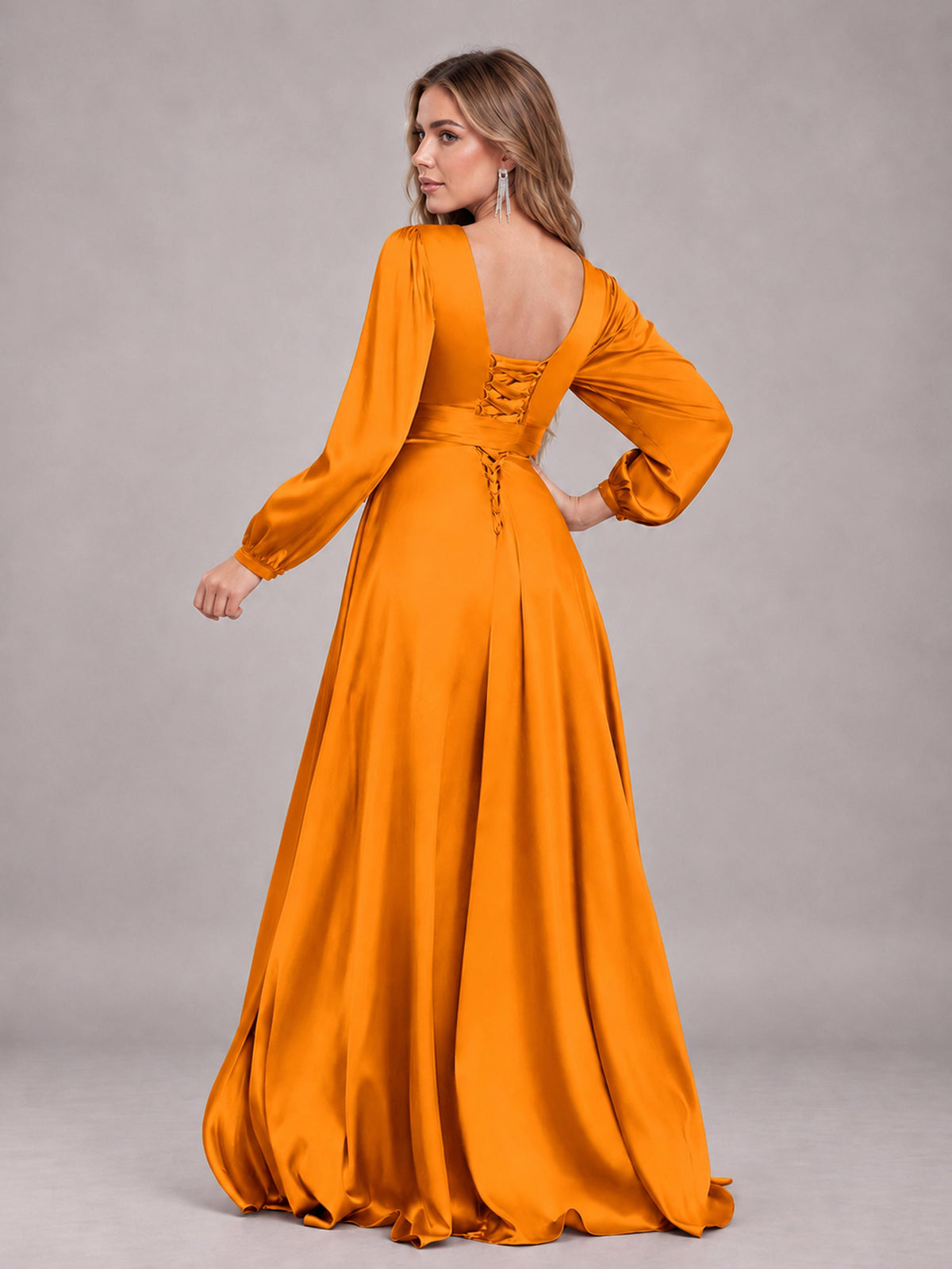 Orange Gorgeous V-Neck Long Sleeves Pleated Satin Formal Bridesmaid Dresses With Slit