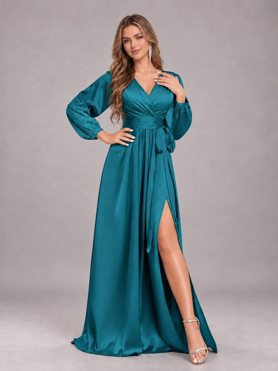 Peacock Gorgeous V-Neck Long Sleeves Pleated Satin Formal Bridesmaid Dresses With Slit