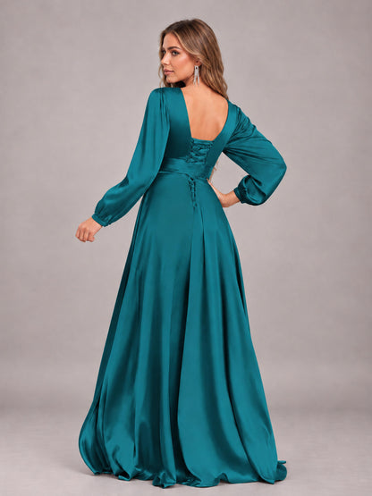 Peacock Gorgeous V-Neck Long Sleeves Pleated Satin Formal Bridesmaid Dresses With Slit