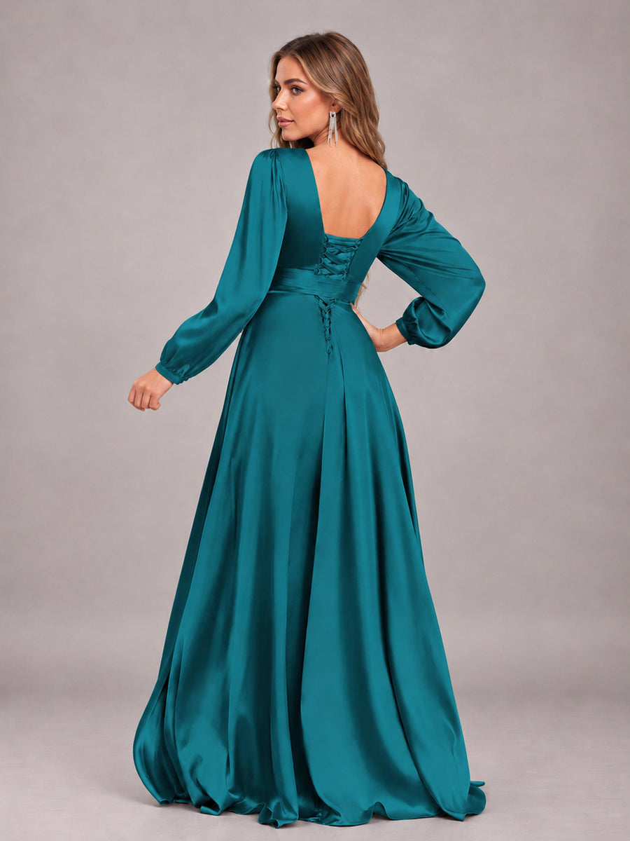 Peacock Gorgeous V-Neck Long Sleeves Pleated Satin Formal Bridesmaid Dresses With Slit