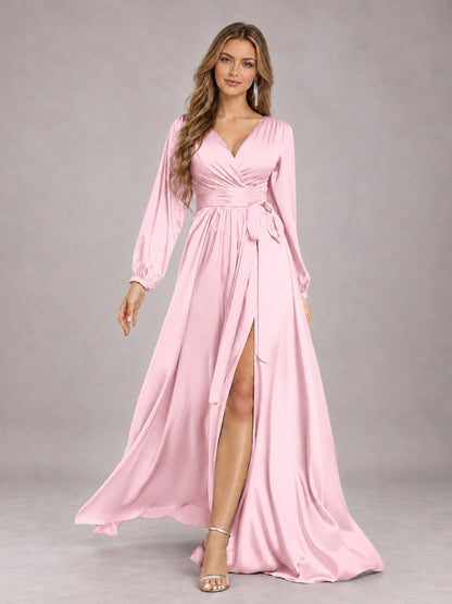 Pink Gorgeous V-Neck Long Sleeves Pleated Satin Formal Bridesmaid Dresses With Slit