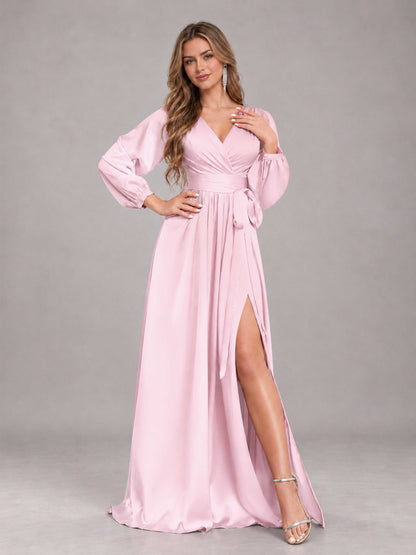 Pink Gorgeous V-Neck Long Sleeves Pleated Satin Formal Bridesmaid Dresses With Slit