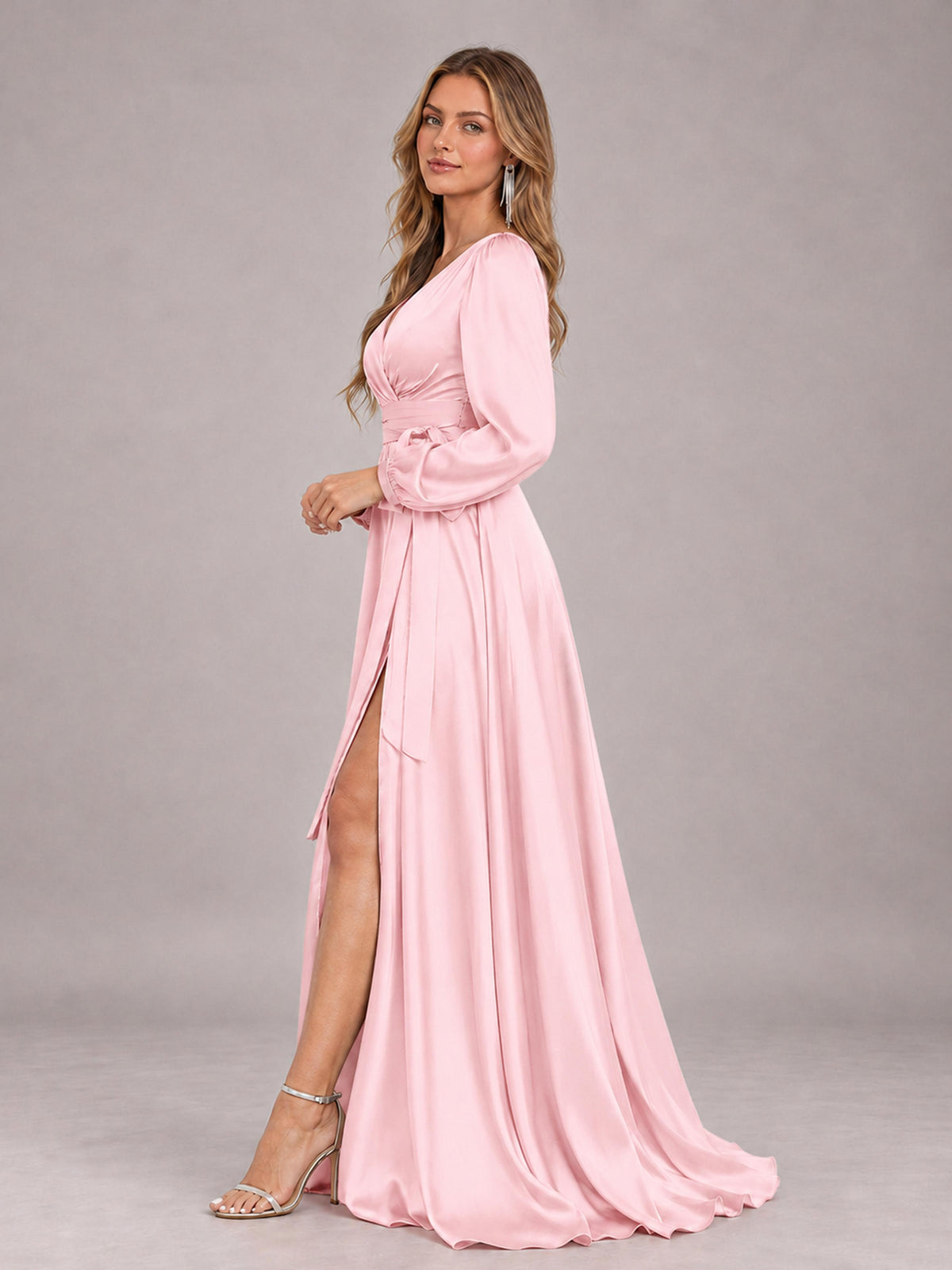 Pink Gorgeous V-Neck Long Sleeves Pleated Satin Formal Bridesmaid Dresses With Slit