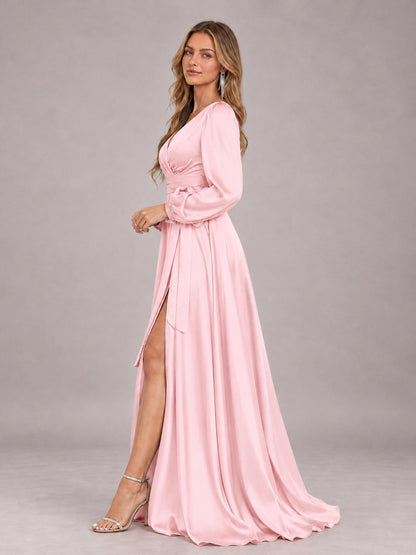 Pink Gorgeous V-Neck Long Sleeves Pleated Satin Formal Bridesmaid Dresses With Slit