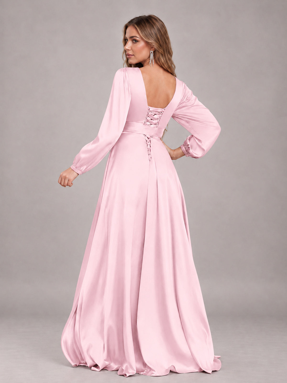 Pink Gorgeous V-Neck Long Sleeves Pleated Satin Formal Bridesmaid Dresses With Slit