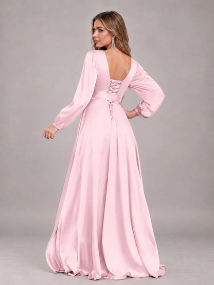 Pink Gorgeous V-Neck Long Sleeves Pleated Satin Formal Bridesmaid Dresses With Slit