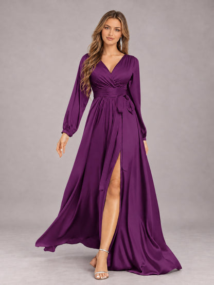 Plum Gorgeous V-Neck Long Sleeves Pleated Satin Formal Bridesmaid Dresses With Slit
