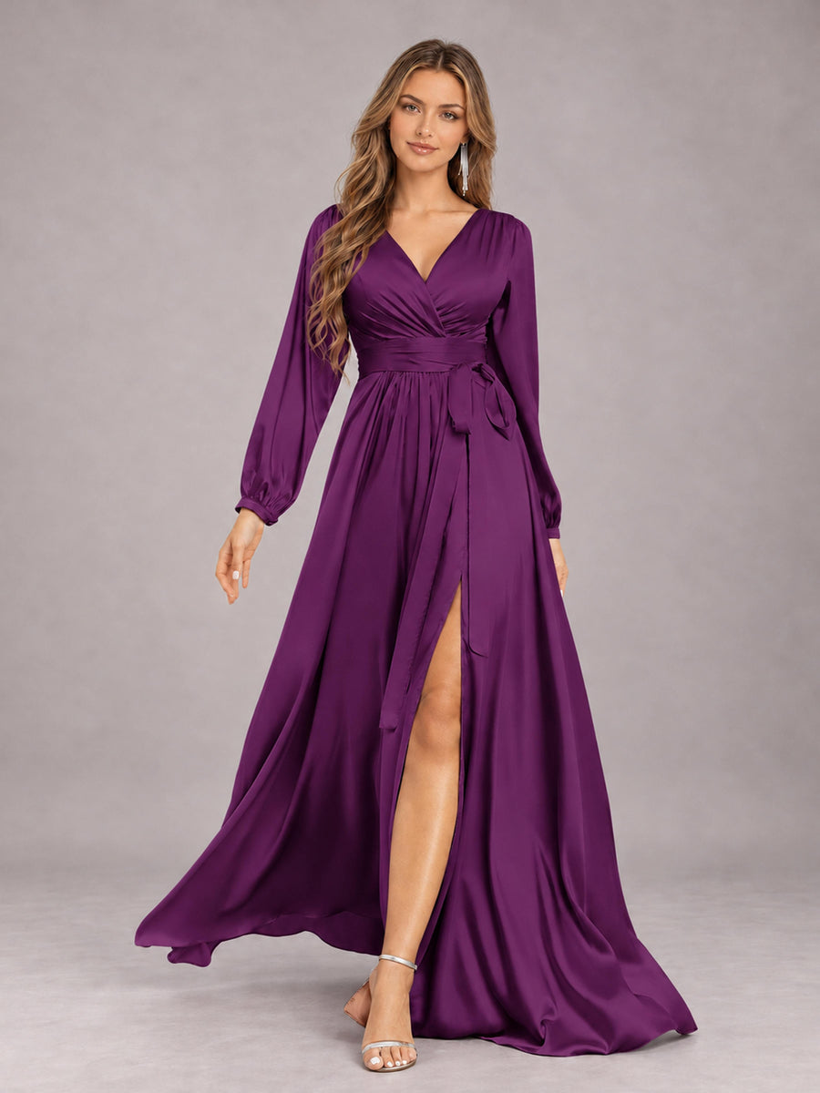 Plum Gorgeous V-Neck Long Sleeves Pleated Satin Formal Bridesmaid Dresses With Slit
