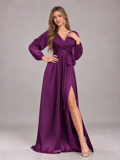 Plum Gorgeous V-Neck Long Sleeves Pleated Satin Formal Bridesmaid Dresses With Slit