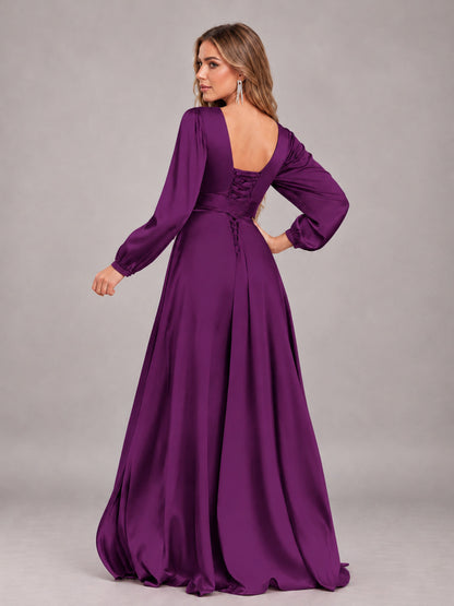 Plum Gorgeous V-Neck Long Sleeves Pleated Satin Formal Bridesmaid Dresses With Slit