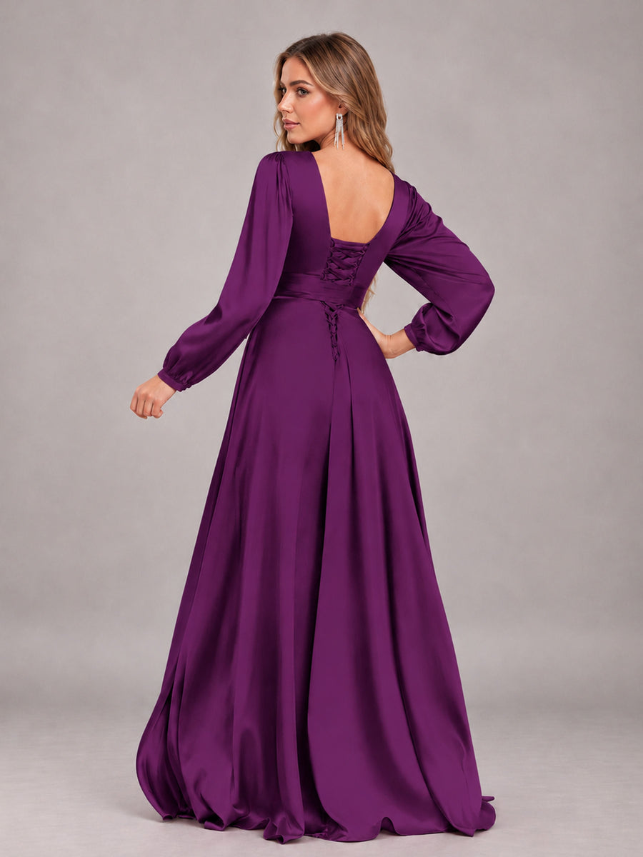 Plum Gorgeous V-Neck Long Sleeves Pleated Satin Formal Bridesmaid Dresses With Slit