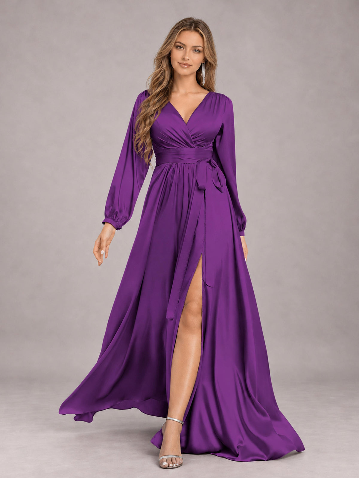 Purple Gorgeous V-Neck Long Sleeves Pleated Satin Formal Bridesmaid Dresses With Slit