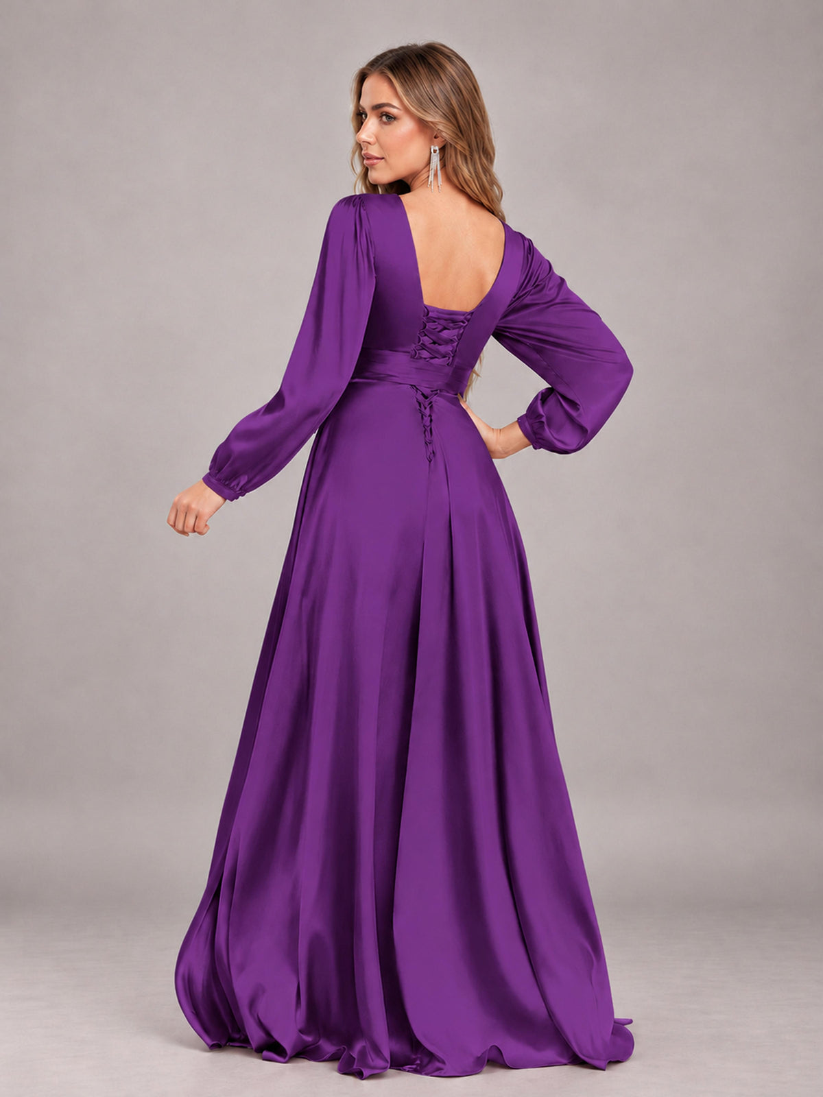 Purple Gorgeous V-Neck Long Sleeves Pleated Satin Formal Bridesmaid Dresses With Slit