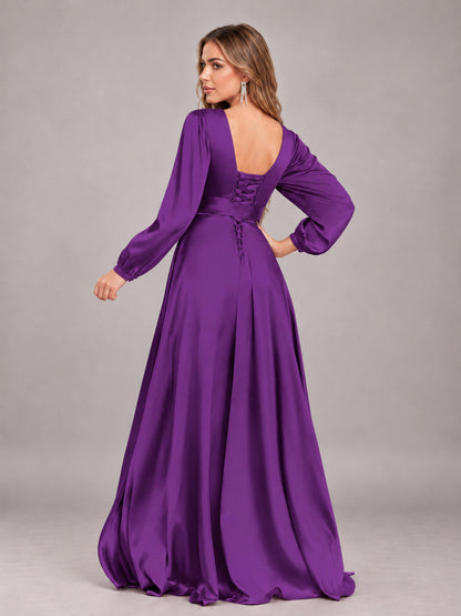 Purple Gorgeous V-Neck Long Sleeves Pleated Satin Formal Bridesmaid Dresses With Slit
