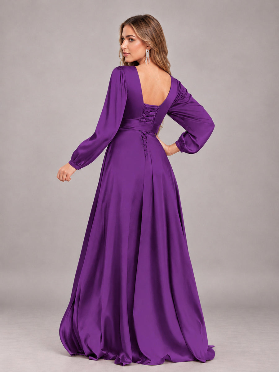 Purple Gorgeous V-Neck Long Sleeves Pleated Satin Formal Bridesmaid Dresses With Slit