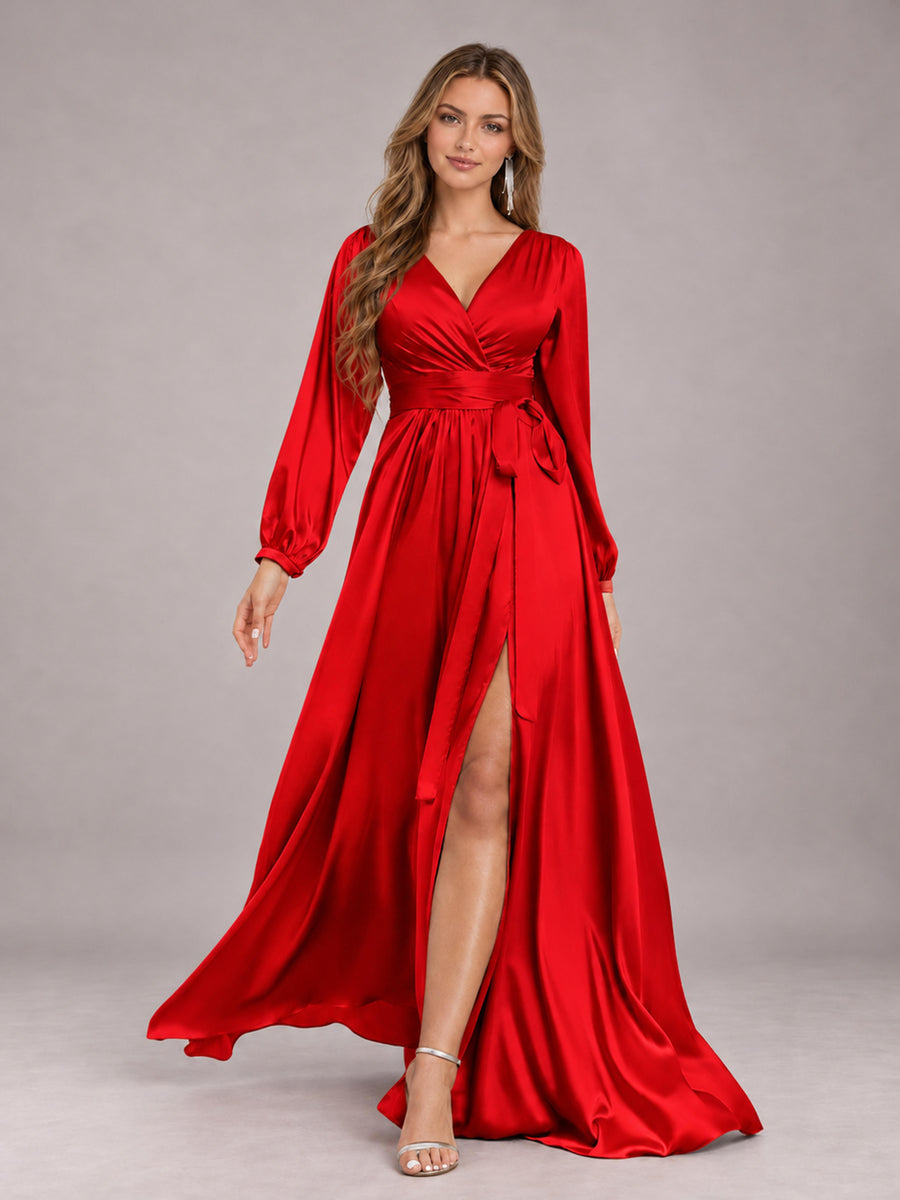 Red Gorgeous V-Neck Long Sleeves Pleated Satin Formal Bridesmaid Dresses With Slit