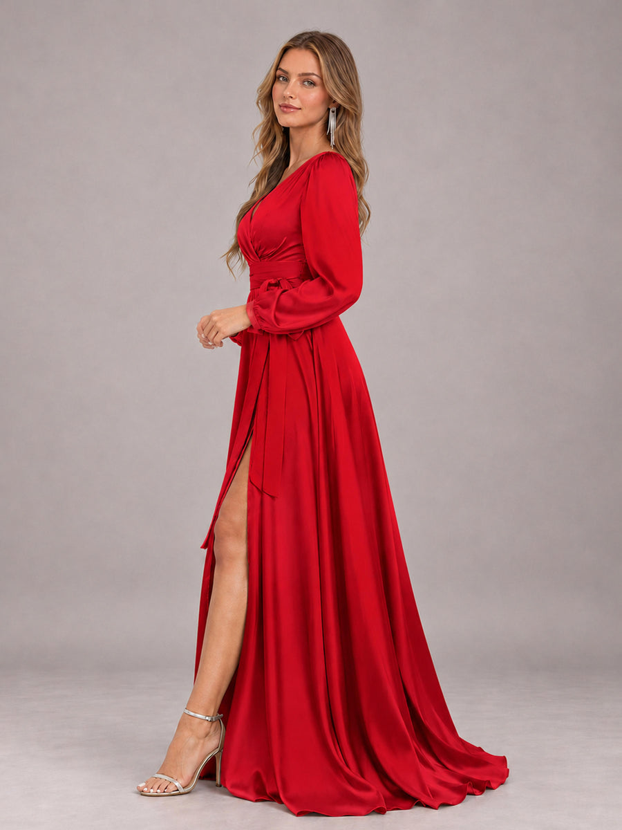 Red Gorgeous V-Neck Long Sleeves Pleated Satin Formal Bridesmaid Dresses With Slit