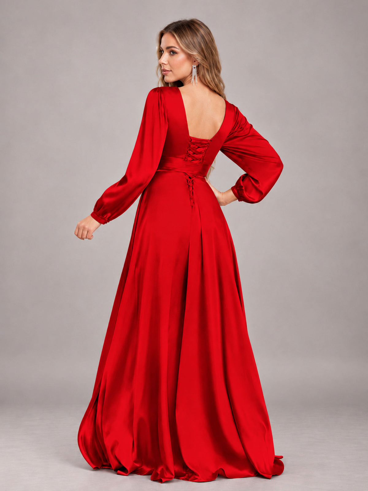 Red Gorgeous V-Neck Long Sleeves Pleated Satin Formal Bridesmaid Dresses With Slit