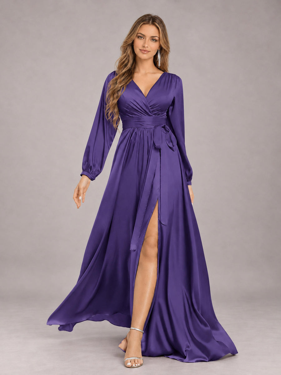 Regency Gorgeous V-Neck Long Sleeves Pleated Satin Formal Bridesmaid Dresses With Slit