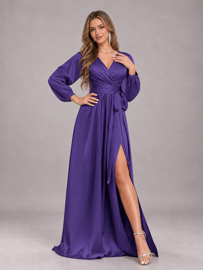 Regency Gorgeous V-Neck Long Sleeves Pleated Satin Formal Bridesmaid Dresses With Slit
