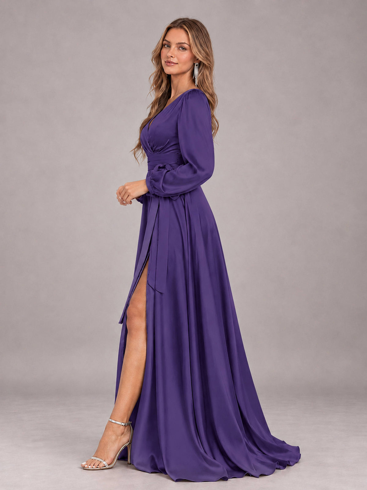 Regency Gorgeous V-Neck Long Sleeves Pleated Satin Formal Bridesmaid Dresses With Slit