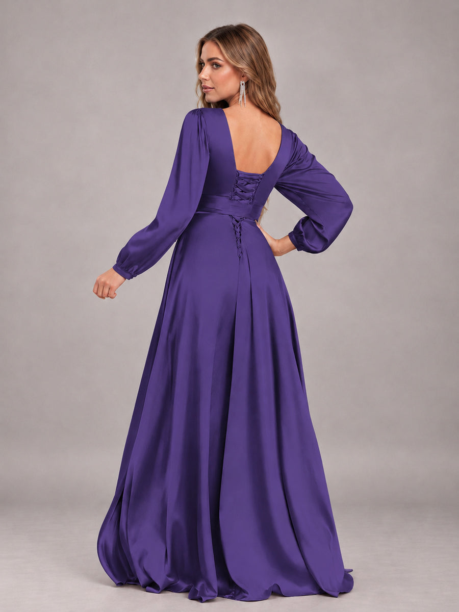 Regency Gorgeous V-Neck Long Sleeves Pleated Satin Formal Bridesmaid Dresses With Slit