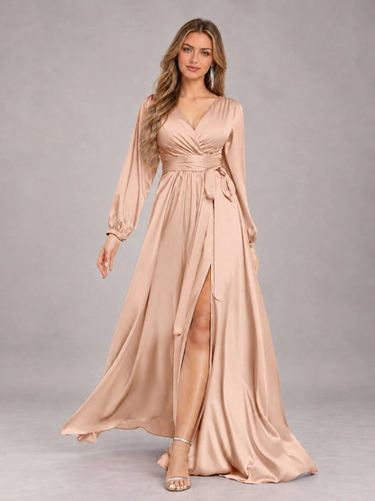 Rose Gold Gorgeous V-Neck Long Sleeves Pleated Satin Formal Bridesmaid Dresses With Slit